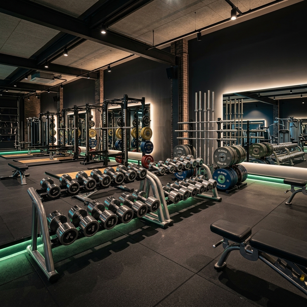Espace musculation avec haltères et machines d'isolation au club Biig Ramy Gym Casablanca